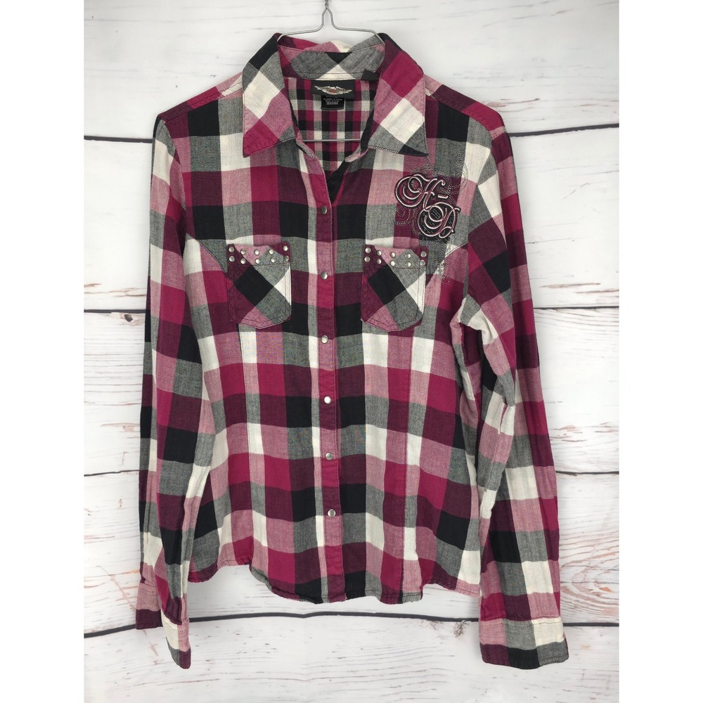 Harley‎ Davidson Motorcycles Womens Plaid Snap Front Shirt Embroidered Logo MED